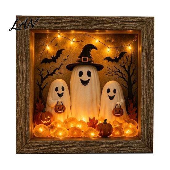 Small Halloween Figures Lighted Frame Ornaments, Light Up Shadow Box, Warm Festive Party Supplies Atmosphere LED Lights for Home Living Room