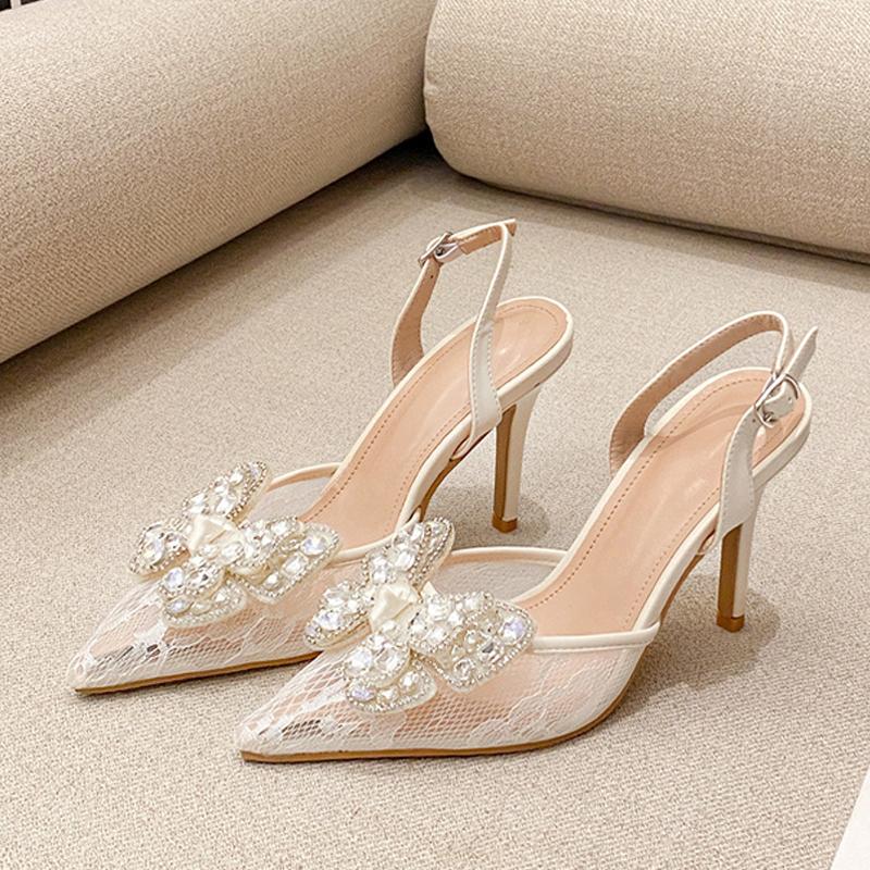 Fashion Liyke New Fashion Crystal Diamond Bowknot Women Pumps Sexy Mesh Pointed Toe White High Heels Wedding Prom Shoes Stiletto Sandals