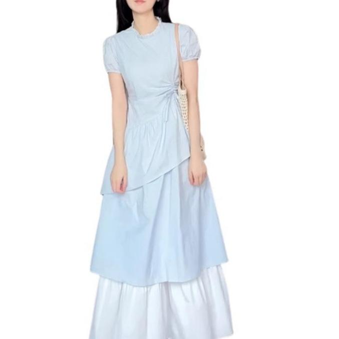 High-end Blue Short-sleeved Dress Women's Summer New Small Man Pleated and Thin Temperament Cake Dress