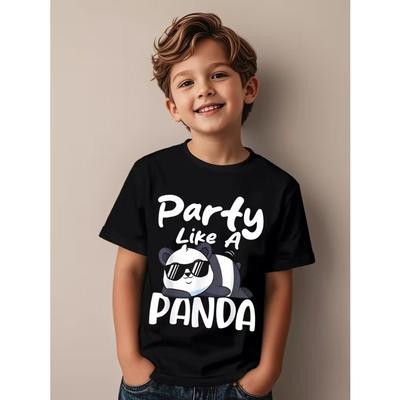 European Sizes Boys' Panda Party Print T-Shirt - Soft Round-neck Short-sleeve Casual Tee, Cute Panda and Party Text Design