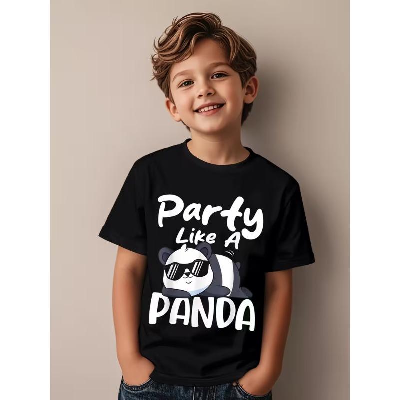 

European sizes Boys Panda Party Print T-Shirt - Soft Round-neck Short-sleeve Casual Tee, Cute Panda and Party Text Design 98cm чёрный