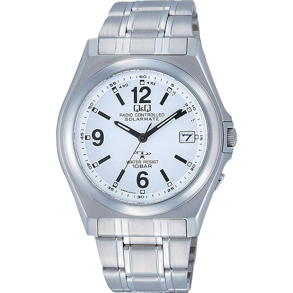 Citizen Q&Q Analog Solar Radio-Controlled Waterproof Watch Men s White Metal Band