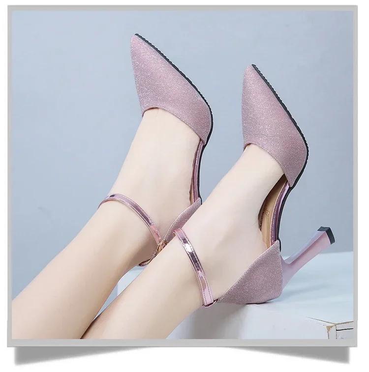 Summer/Autumn/Summer New Korean Edition One Line Buckle High Heel Shoes Pointed Hollow Sequin Single Shoes Thin Heel Women