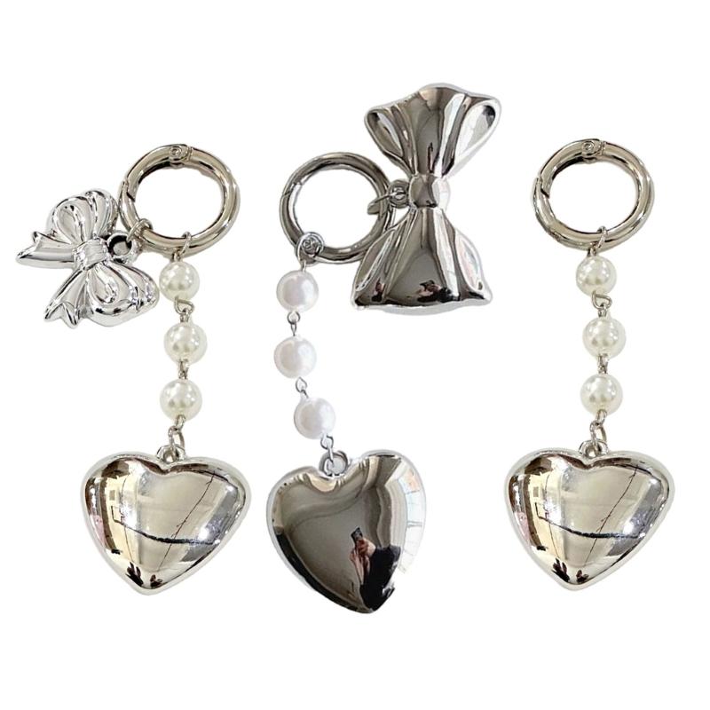 Fashionable Heart Pendant Stylish Bowknont Keychain Bag Charm Earphone Accessory Elegant Pearl Bowknot Heart Charm