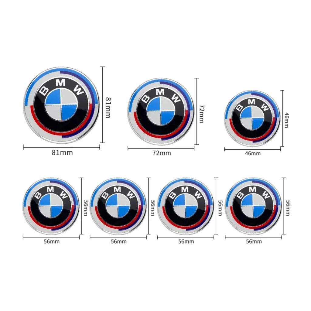 For BMW E84Front Hood Emblem For BMW 50th Anniversary Logo 81mm+Rear Badge 74mm+Wheel Hub Cap 68mm+56mm Steering Wheel Sticker 46mm