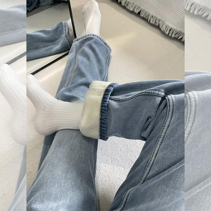 Loose High Waisted Plush Jeans Thick Straight Leg Winter Jeans Wide Leg Jeans