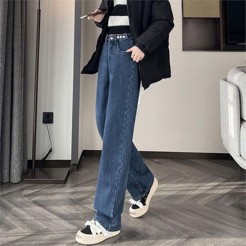 Fleece thickened high-waisted wide-leg jeans for women, winter new loose and thin straight floor-mopping pants