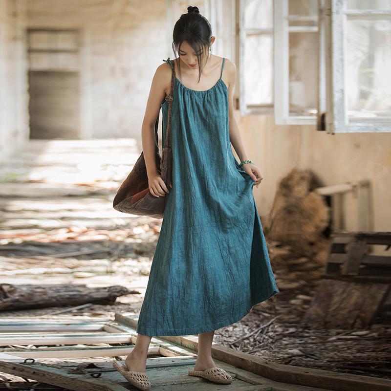 Linen Tie-Dye Adjustable Strappy Dress - Retro French Elegant Casual Wear for Spring and Summer