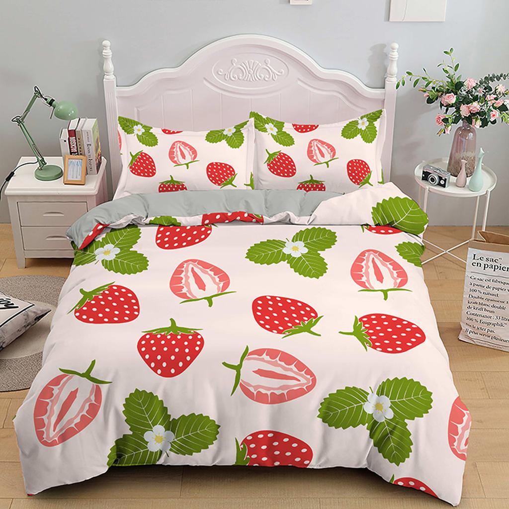 Red Strawberry Pink Lovely Summer Fruit Tree Leaf Duvet Cover for Children Girls Gifts Room Decorations Polyester Duvet Cover