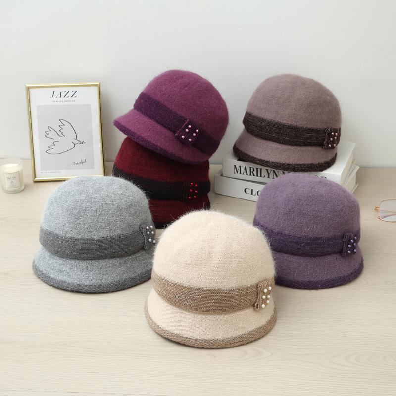 Autumn and Winter Middle Aged and Elderly Hats for Women  Pearl Ribbon and Velvet Rabbit Hair Equestrian Hat  Cold Proof and Warm Knitted Scarf Set