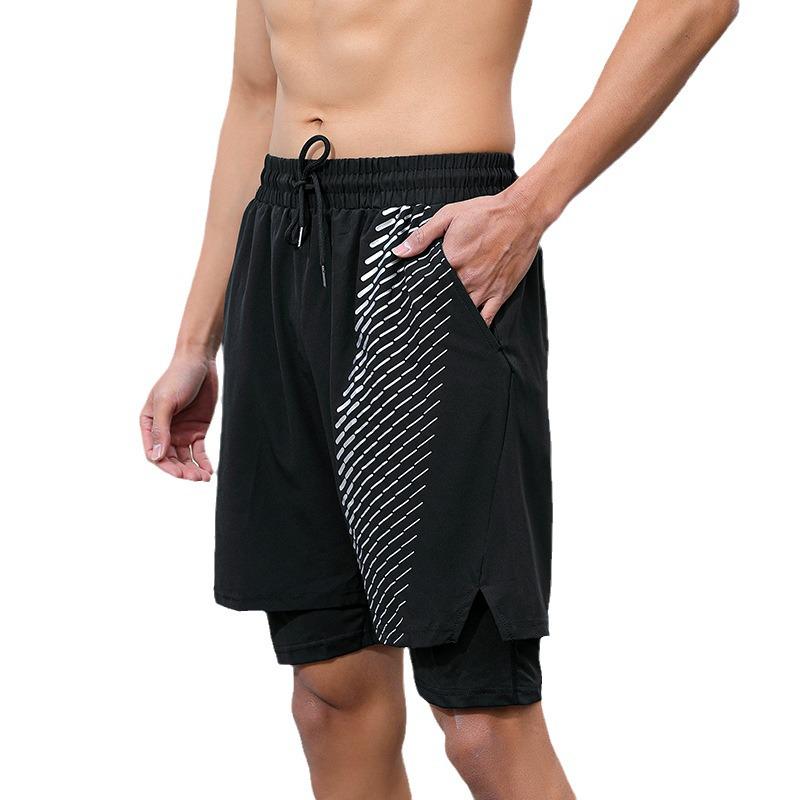 Men's Quick-Dry Double-Layer Running Shorts - Breathable, Printed, Five-Point Fitness Design.