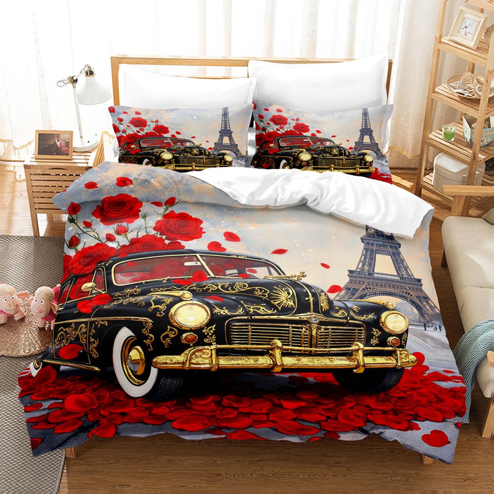 Rose Eiffel Tower Print Pattern Polyester Bedding Set - Soft and Comfortable,  Home Decoration,King,Queen Size,Valentine's Day
