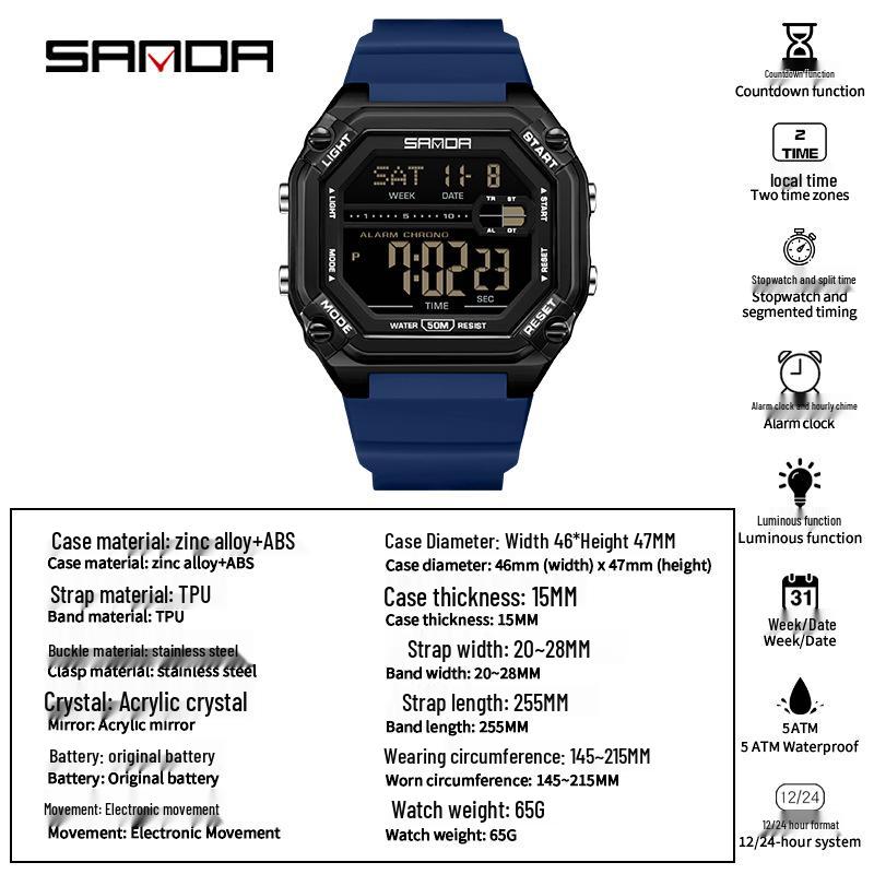 Sanda Men's Multifunctional Waterproof Electronic Watch with Luminous Display and Sports Stopwatch