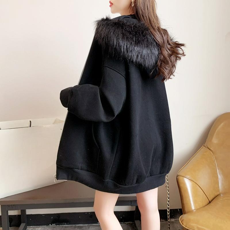 Plus Size Plus Velvet Thick Hooded Cardigan Sweater Loose Design Fur Collar Zipper Jacket Women