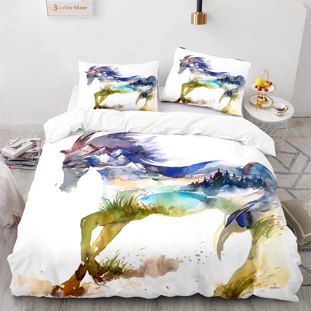Aquarell Pferd Bettbezug King Queen 3D Braune Pferde Bettwäsche Set Für Teenager Erwachsene Wildtier 2/3 Teile Polyester Bettdeckenbezug