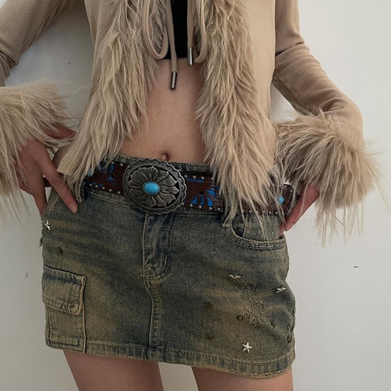 Vintage Bohemia Belt for Women Turquoise Embossed Buckle Decorative Belt Cowboy Belt for Female Cowgirl Jeans Waist Belt
