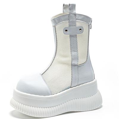 8CM Buty z siatki powietrznej i skóry naturalnej Kobiety Czółenka Lato Motocyklowe Kozaki Kominowe Ażurowe Botki do Kostki Zamek Błyskawiczny Modne Buty