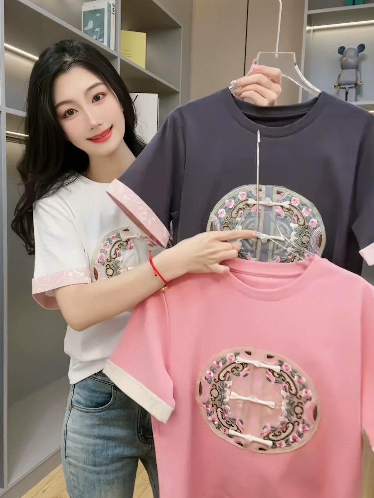 2026 Summer Women's Elegant Embroidered Chinese Style Short Sleeve Round Neck T-shirt