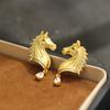 European and American niche high-end gold inlaid stone horsehead earrings personality high-end sense zodiac animal stud earrings silver needle earring