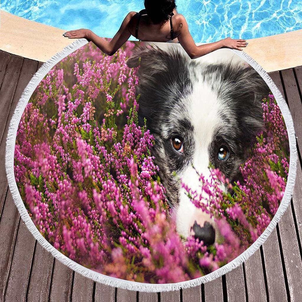 Cute Pet Dog Border Collie Round Beach Towel,Sand Free Beach Blanket Picnic Mat for Bathroom Pool Surf Travel Outdoor Meditation