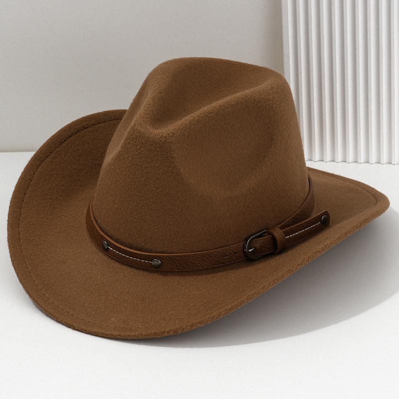 Western Cowboy Hat Men's and Women's Felt Top Hat Metal Rivet Leather Square Buckle Belt Hat Party Jazz Hat
