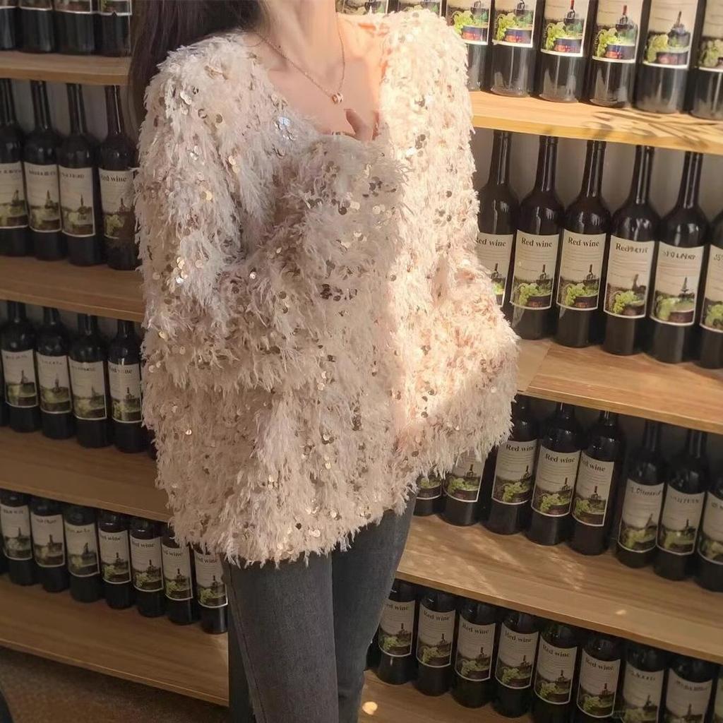 Women's 2024 Autumn/Winter Sequin V-Neck Tassel Knit Sweater