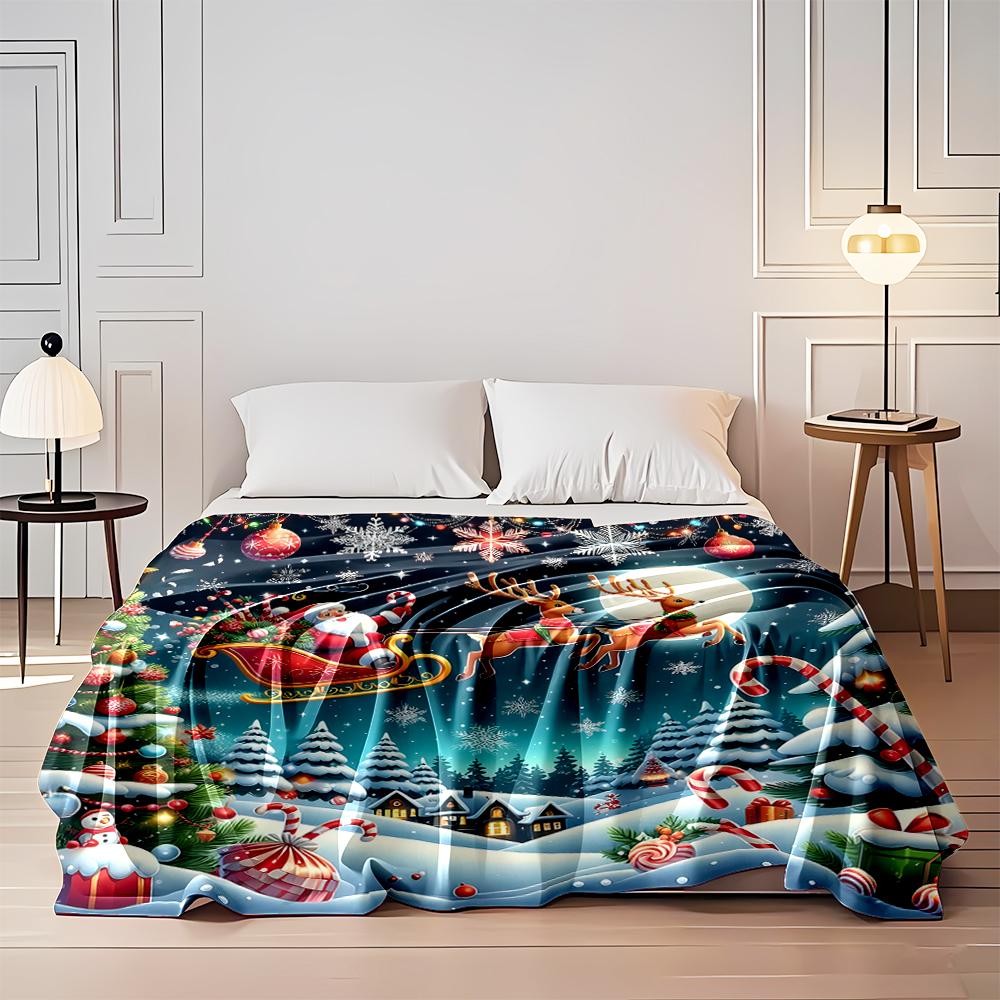 Christmas Santa Sleigh with Reindeer Design Flannel blanket for bedroom, living room, sofa, and nap sofas.