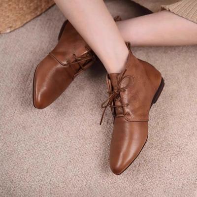 Women's Ankle Boots Solid Color Leather 2026 Autumn Pointed Toe Lace-up Flat Boots for Women Casual Retro Sewing Shoes
