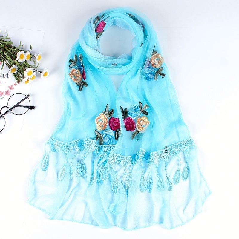 Double Layer Transparent Yarn Long Scarves Head Scarf Flower Embroidery Lace Tassel Hijab Scarf Bufanda Spring Autumn Elegant