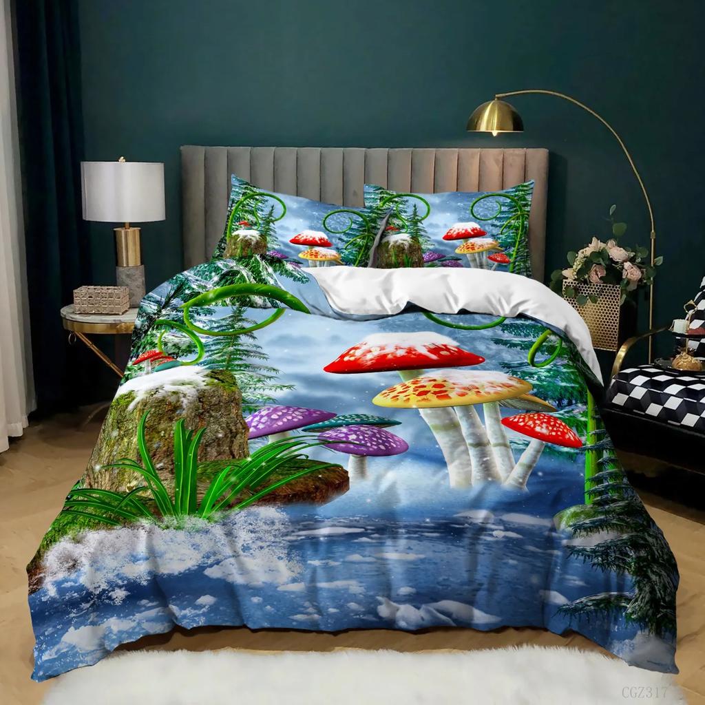 Mushroom Duvet Cover King Queen Size Magic Forest Colorful Cute Psychedelic Mushrooms Polyester Bedding Set for Kids Multicolor