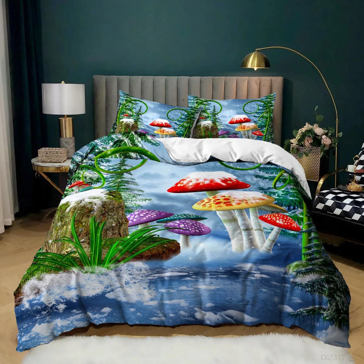 

Mushroom Comforter Cover King Dimension Queen Size Size Magic Forest Colorful Lovely Psychedelic Mushrooms Polyester Bed Linen Kit for Kids Multicolor EU Single 135x200cm