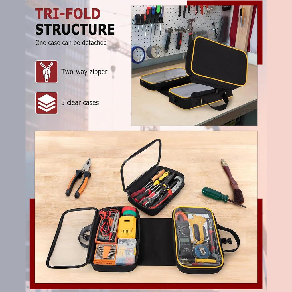 Roll Up Tool Bag with 3 Clear Window Cases Tri-fold Tool Bag Organizer Detachable Oxford Fabric Ideal for Crafts DIY Repair Men