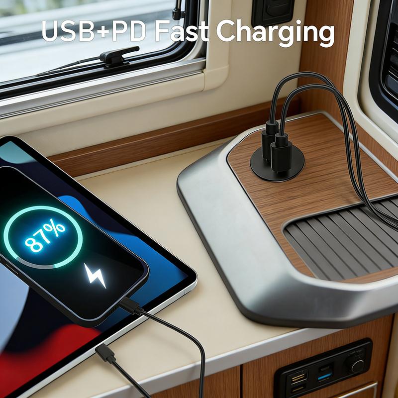 12V USB Outlet 30W PD Type-C & 18W QC3.0 Aluminum USB Charger Socket Dual Fast Charging Recessed Mount Replacement Car Charger