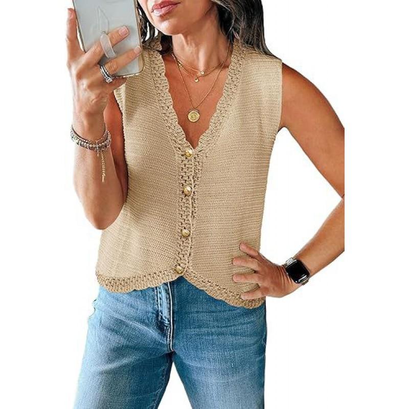 Womens V-Neck Sleeveless Knit Cardigan Short Loose Fit Casual Top With Button Front