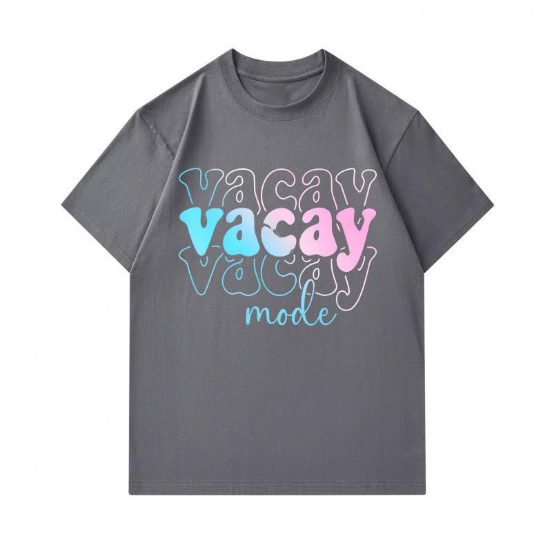 Men's 100% Cotton Crew Neck Short Sleeve T-Shirt, Casual Gradient Vacay Mode Letter Print Tees, Breathable Soft Summer Tops for Daily Holiday Travel W