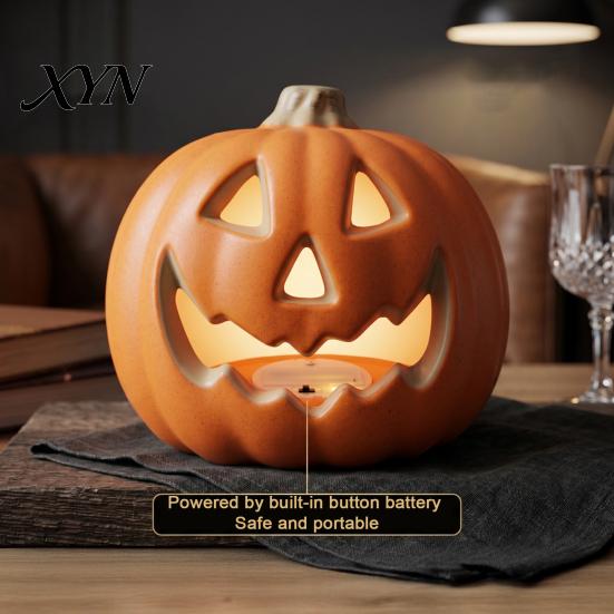 Pumpkin Lantern for Holiday Halloween LED Lantern, Scary Face Glowing Plastic Ambiance Light Lamp, Battery Operated Table Ornament Home Party