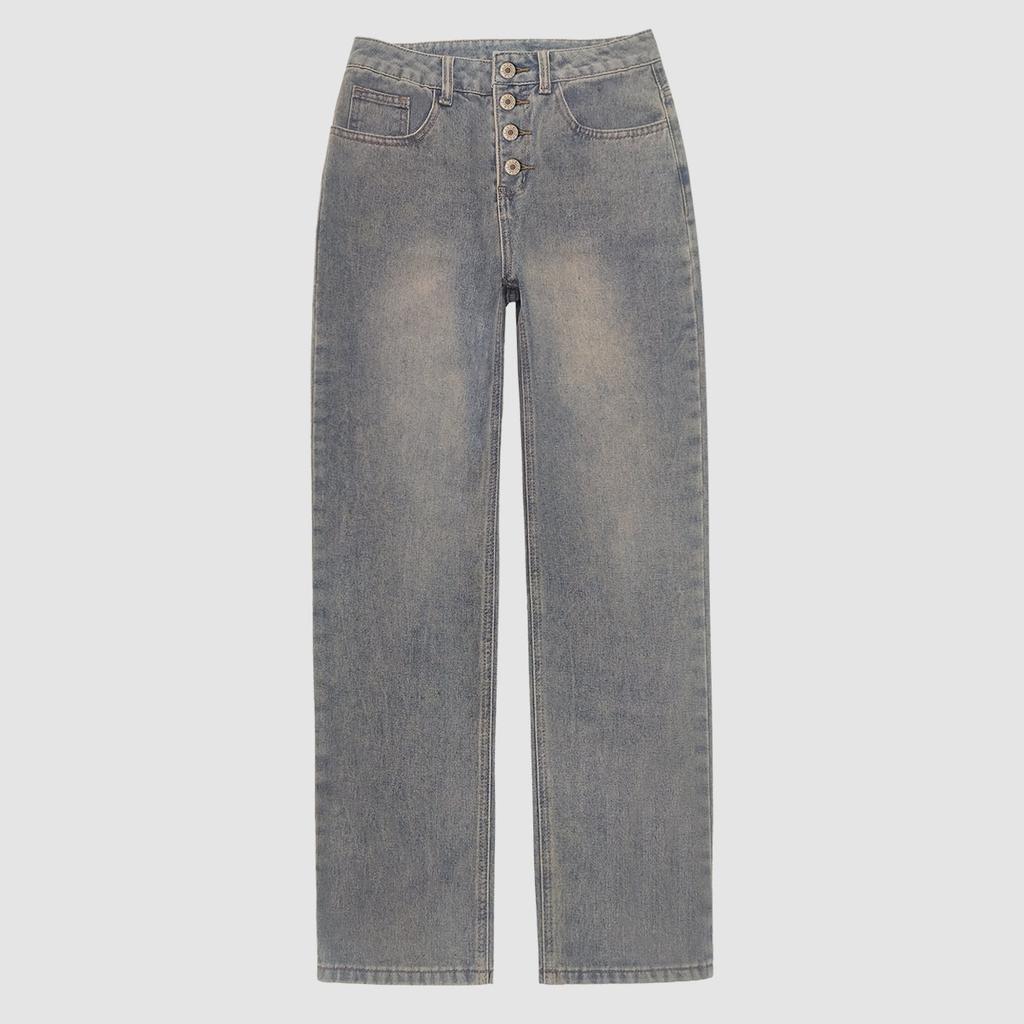 Women's Mid Rise Straight Leg Jeans Loose Fit Vintage Solid Color Washed Denim Pants Retro Casual Spring All-match Long Trousers