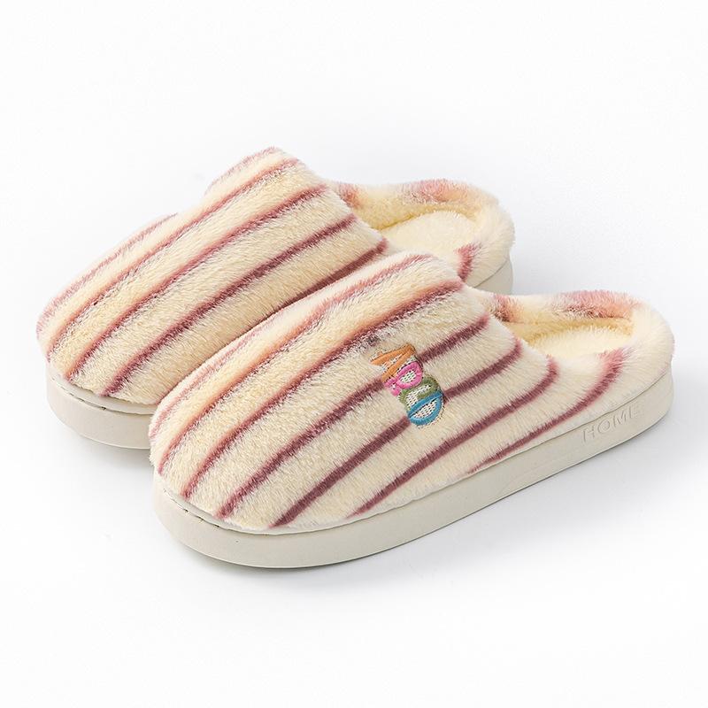 Simple striped cotton slippers couple autumn and winter 5 new indoor home warm fleece non-slip cute wool slippers