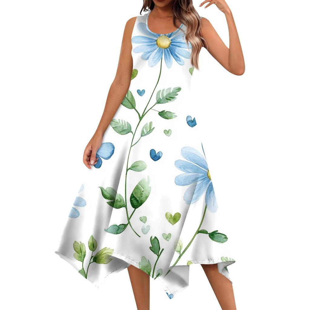 Robe mi-longue décontractée à col rond et sans manches pour femme, imprimé floral vintage avec ourlet irrégulier
