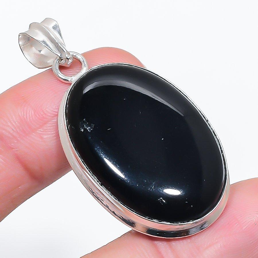 Natural Black Onyx Gemstone 925 Sterling Silver Jewelry Pendant 1.93" N5j97