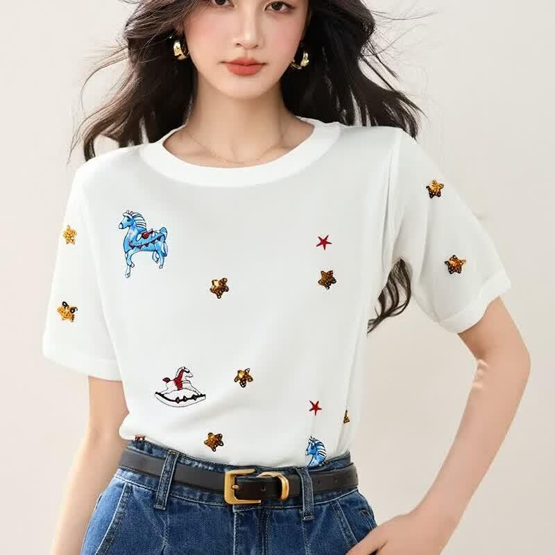 Zuose Pony Embroidery Short Sleeve T-Shirt