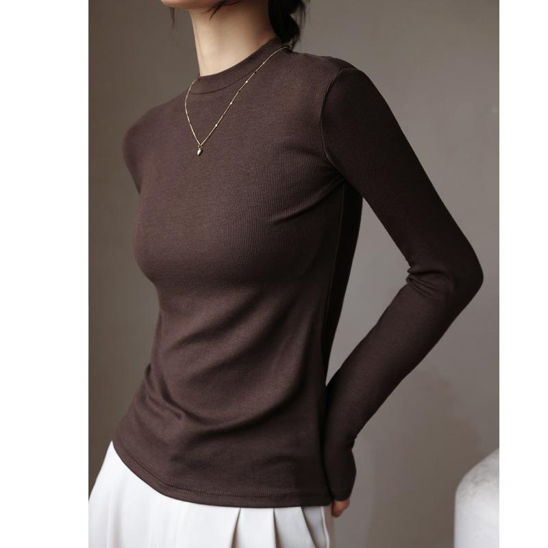 Spring new versatile small stand-up neck threaded slim and thin long-sleeved T-shirt women's niche inner top