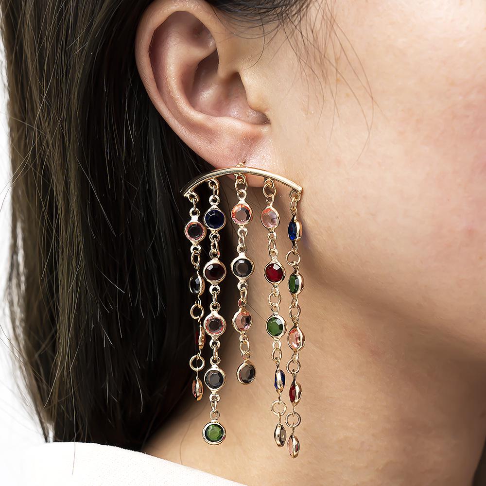 

Trendy Colorful Rhinestone Tassel Earrings - European & American Fashion