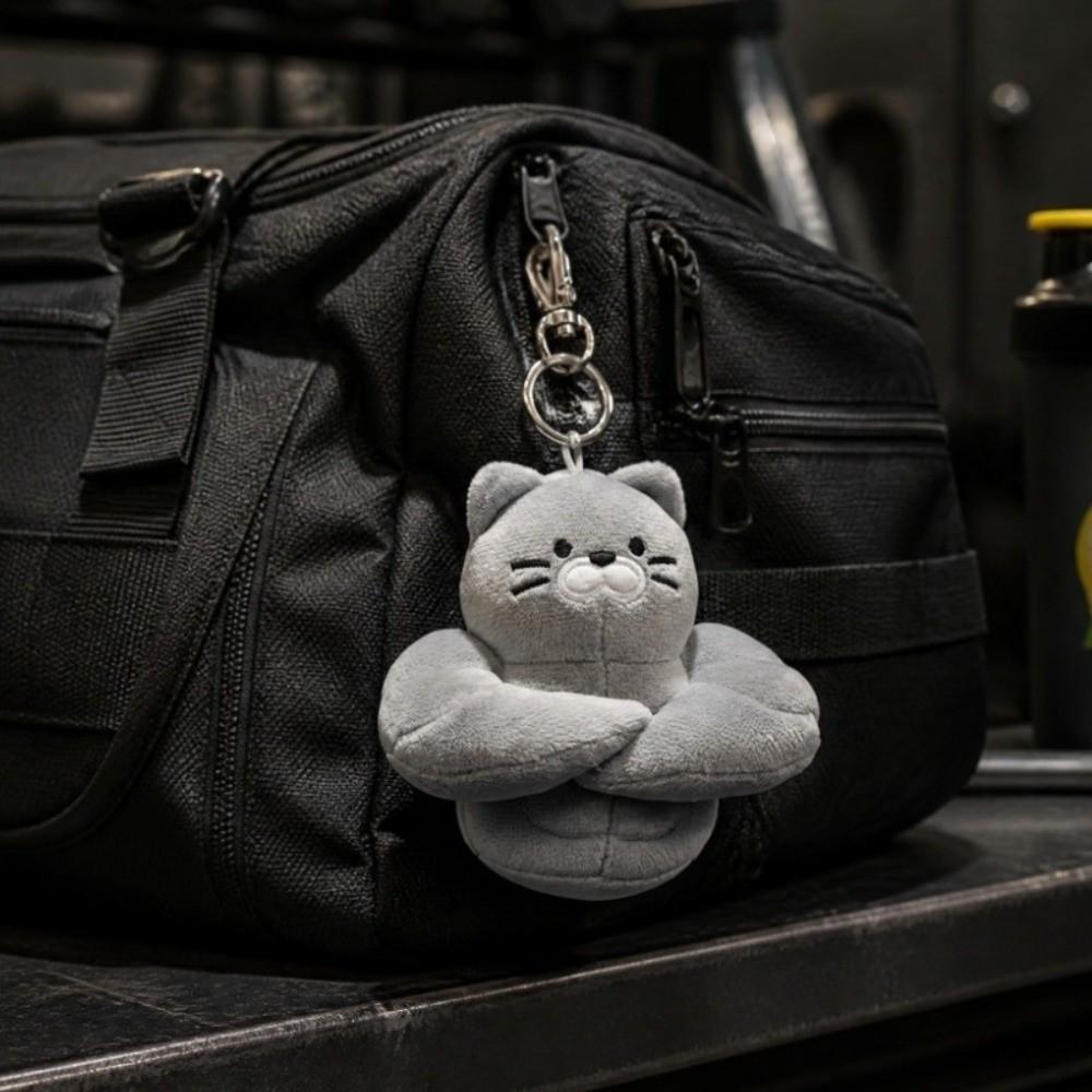 Fluffy Muscle Cat Plush Keychain Gray Color Cartoon Plush Keyring Cat Plush Pendant  Gym Motivation