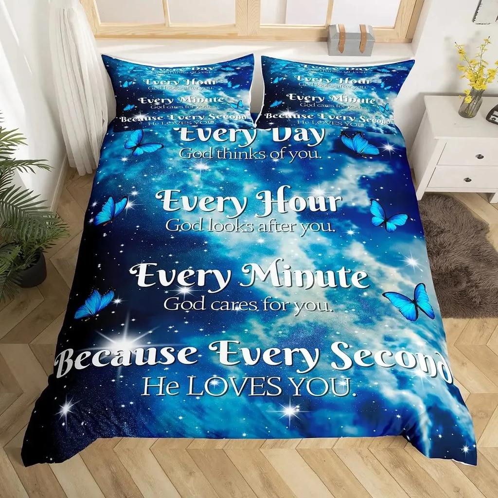 Heilende Bettbezug-Set Sternenhimmel Galaxie Schmetterling Inspirierende Gedanken Gebete Bettwäsche-Sets, Positive Energie Bettdeckenbezug