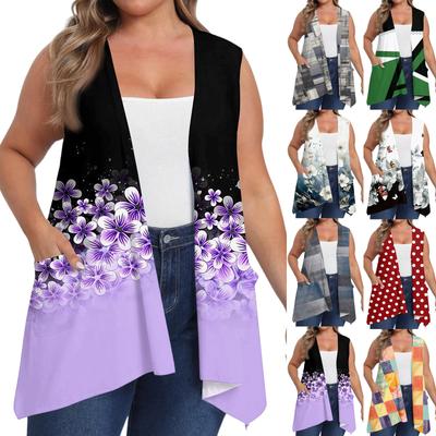 Women's Oversized Loose Casual Printed Sleeveless Vest With Pocket Cardigan Jacket Cardigan Jacket