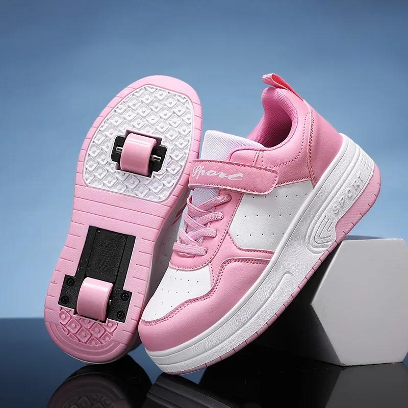 

Magic Roller Skates Dual Wheel Slip-on Roller Skating Shoes 2025 New Spring Autumn Leather Surface Sports Shoes For Women Kids 28
