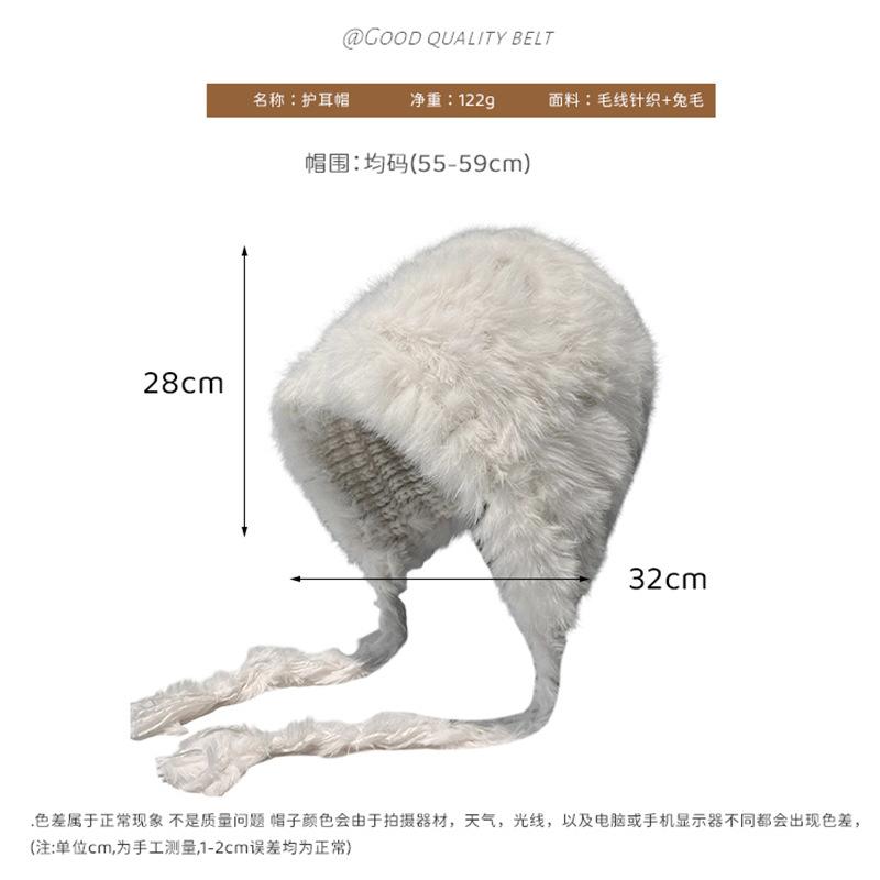 Rabbit fur knitted plush hat women's autumn and winter big head circumference showing face small wool ear protection hat cold protection plush hat
