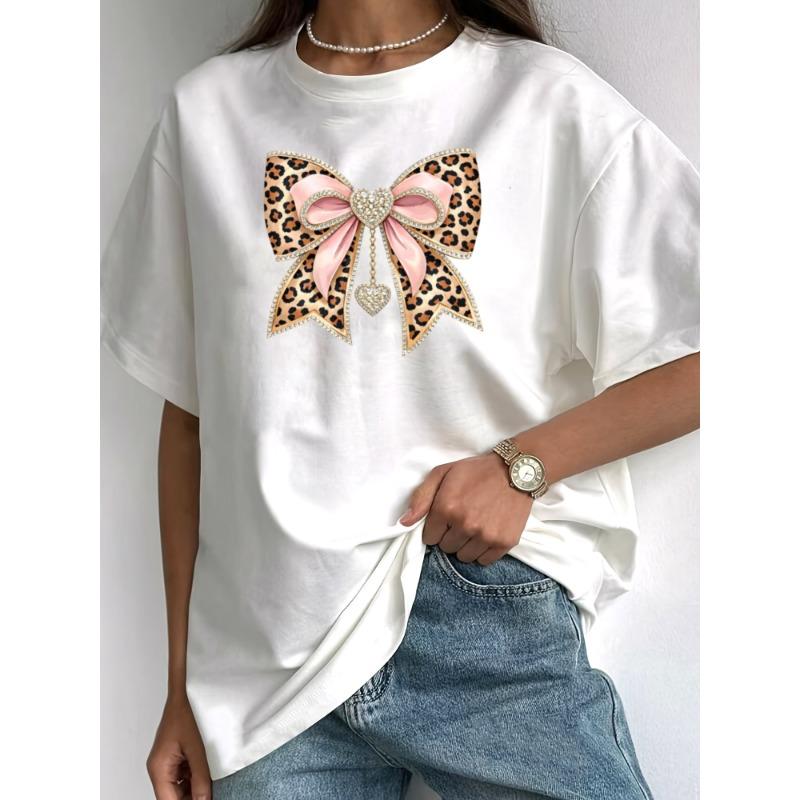 Women's Bow Knot & Rhinestone Heart Print T-Shirt Casual Crew Neck Short Sleeve Spring Summer Fall Top