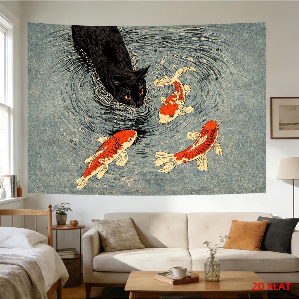 2D Flat Cat And Koi Fish Tapestry, Black Cat Goldfish Water Design Wall Hanging For Living Room Office Meditation Party Decor